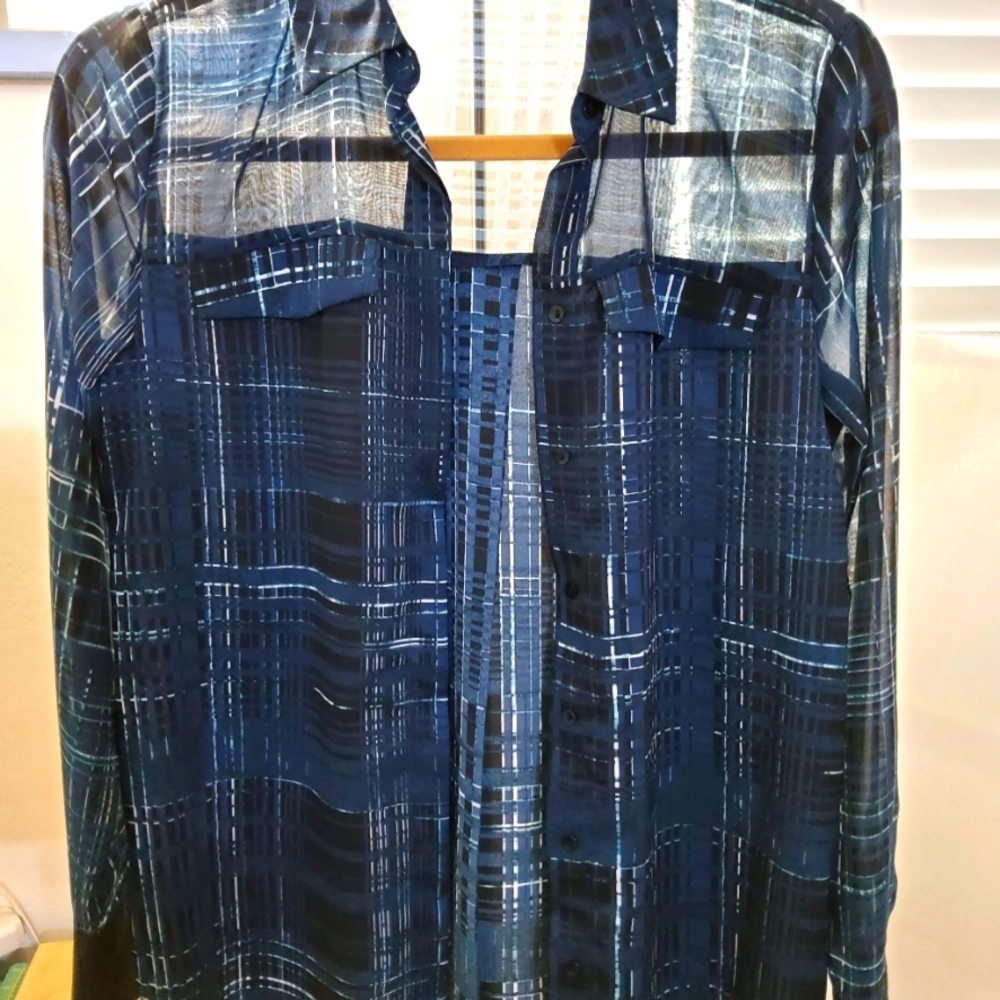 Sheer long sleeve blouse. Blue with some white and blk. Blk cuffs.  Vera wang